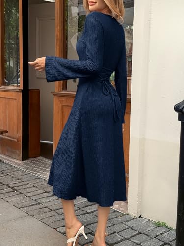 Cicy Bell Womens Sweater Dress Square Neck Maxi Dress Long Sleeve Tie Waist Fall Winter Wedding Guest Knit Midi Dresses Navy - Image 3