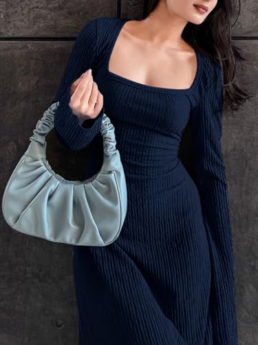Cicy Bell Womens Sweater Dress Square Neck Maxi Dress Long Sleeve Tie Waist Fall Winter Wedding Guest Knit Midi Dresses Navy - Image 4
