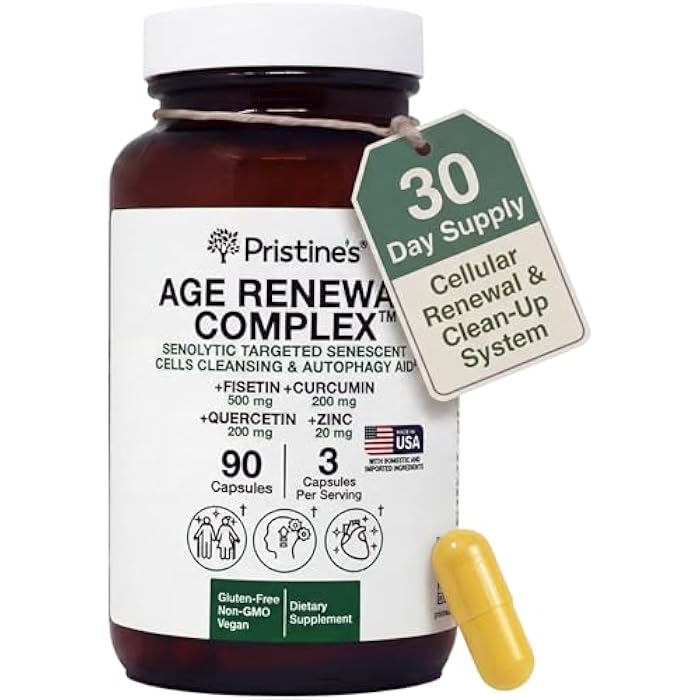PRISTINE'S Age Renewal Complex - Senescent Cell Remoal & Cellular Health Support - Fisetin, Quercetin, Curcumin, Zinc -Senolytic & Autophagy Aid Supplement - Non-GMO, USA Made Glass Bottle - Image 1