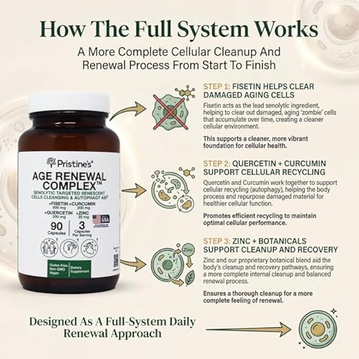 PRISTINE'S Age Renewal Complex - Senescent Cell Remoal & Cellular Health Support - Fisetin, Quercetin, Curcumin, Zinc -Senolytic & Autophagy Aid Supplement - Non-GMO, USA Made Glass Bottle - Image 4