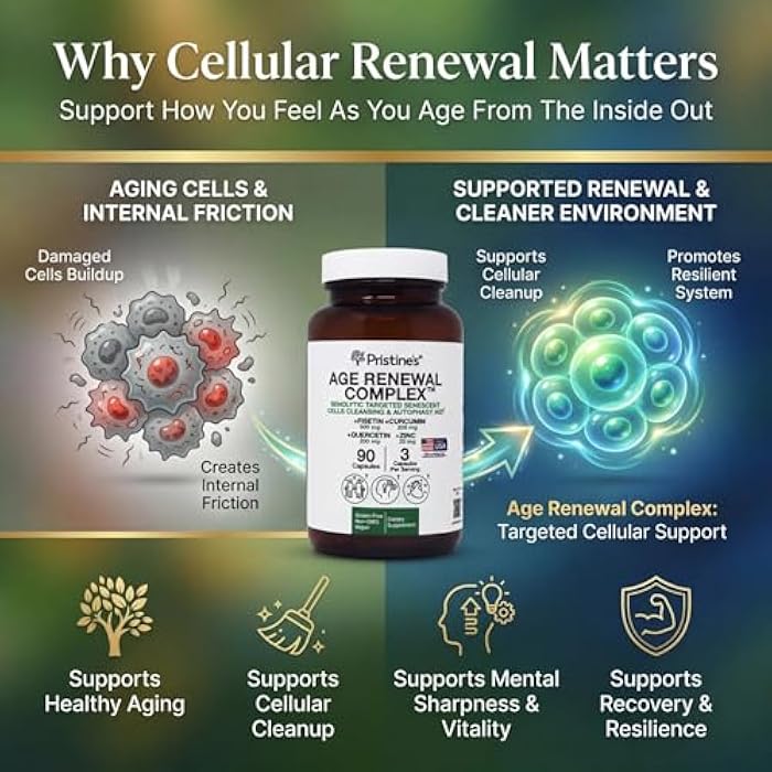 PRISTINE'S Age Renewal Complex - Senescent Cell Remoal & Cellular Health Support - Fisetin, Quercetin, Curcumin, Zinc -Senolytic & Autophagy Aid Supplement - Non-GMO, USA Made Glass Bottle - Image 3