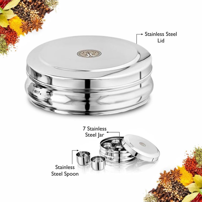 Ammantran Stainless Steel Belly Shape Jenny Masala Dabba with 7 Inner Steel Containers with 1 Masala Dabba Spice Storage Box For Kitchen Set 1 Pcs 2660 ML - Image 4