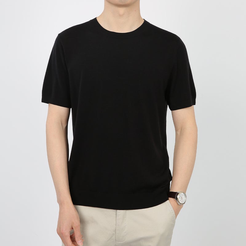 Ceo Breathable Worsted 100 Wool Machine Washable Round Neck Solid Color Skin-Friendly Base Knitted Short-Sleeved T-Shirt For Men - Image 1