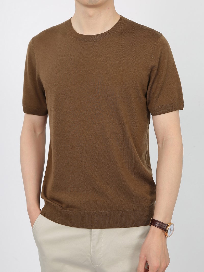 Ceo Breathable Worsted 100 Wool Machine Washable Round Neck Solid Color Skin-Friendly Base Knitted Short-Sleeved T-Shirt For Men - Image 2