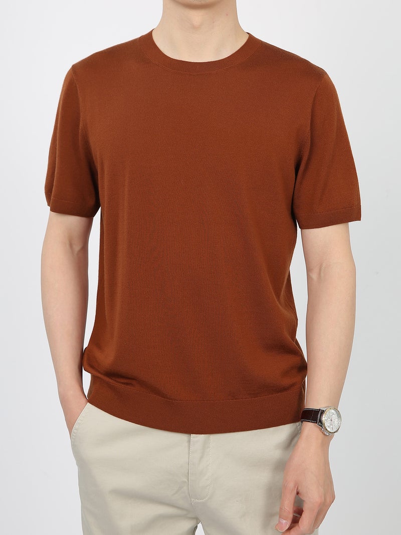 Ceo Breathable Worsted 100 Wool Machine Washable Round Neck Solid Color Skin-Friendly Base Knitted Short-Sleeved T-Shirt For Men - Image 4