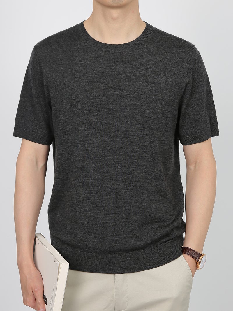 Ceo Breathable Worsted 100 Wool Machine Washable Round Neck Solid Color Skin-Friendly Base Knitted Short-Sleeved T-Shirt For Men - Image 3
