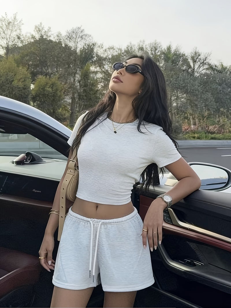 American Casual Light Gray Short T-Shirt And Drawstring Loose Wide-Leg Shorts Set - Image 5