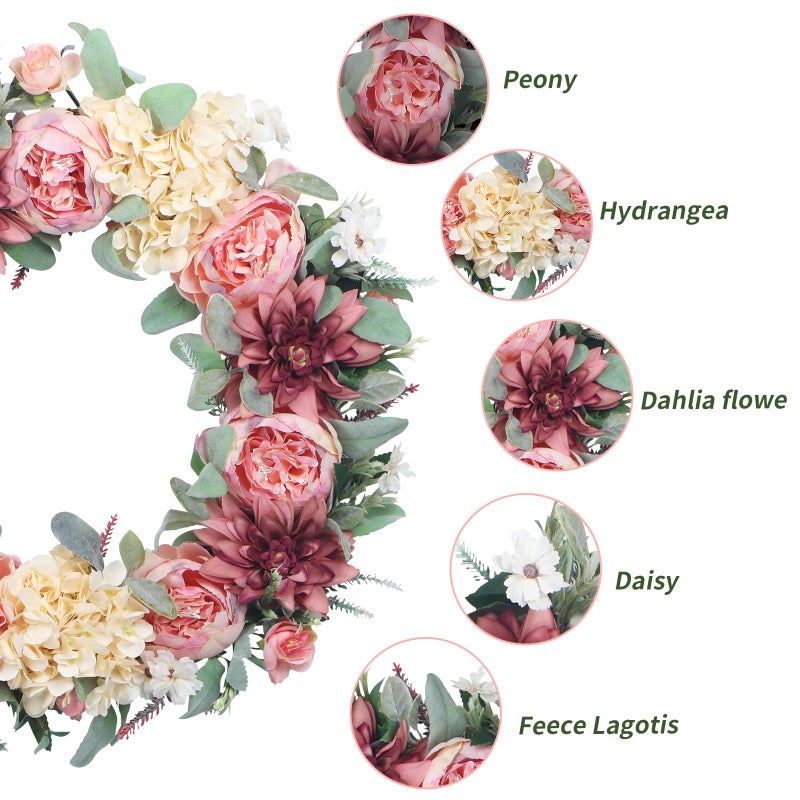 lokeisna 24" Pink Peony Wreath,Front Door Wreath, Pink Floral Bud Wreath for Indoor Outdoor Homer, Wedding, Motherâ€™s Day, Thanksgiving - Image 3