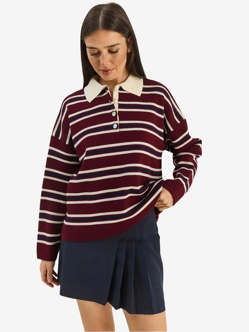 بيانكو لوتشي LUCCI Striped Polo Collar Button Sweater
