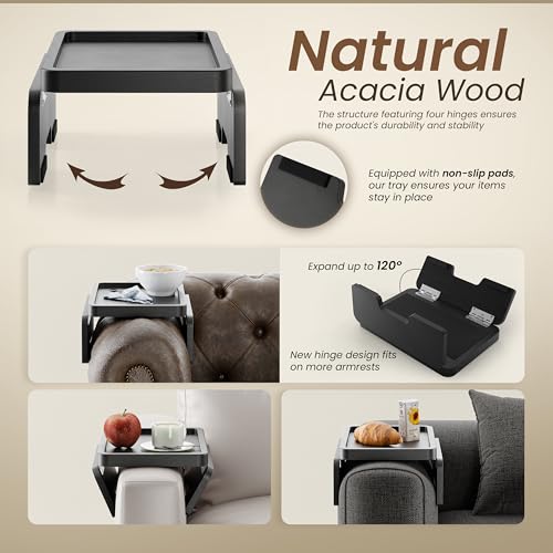 HOLANA Acacia Wood Sofa Armrest Tray - 13.75 x 9.5in Double Hinge Sofa Arm Tray Table Clip - Couch Arm Table - Wooden Side Tables for Eating and Drink (Black Color) - Image 2