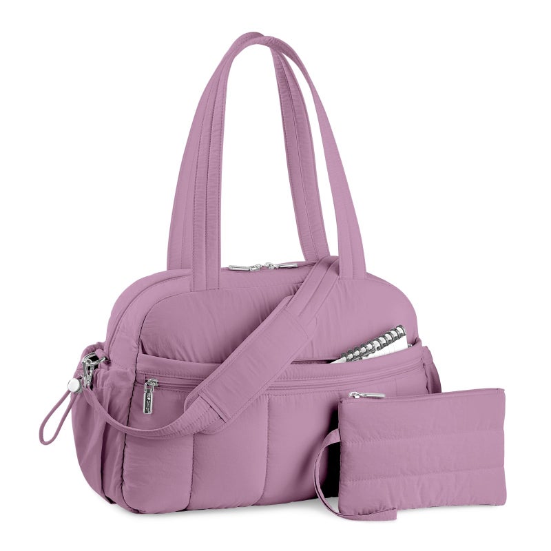 TOPDesign Travel Duffel Bag for Women, Puffer Gym Bag Sports Tote with Wet Pocket, Carry On Weekender with Luggage Sleeve (Purple) - Image 1