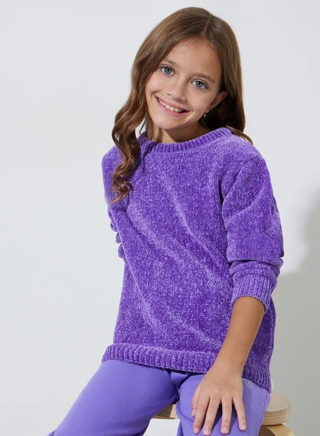 Styli Girls Purple Round Neck Chenille Knit Sweater