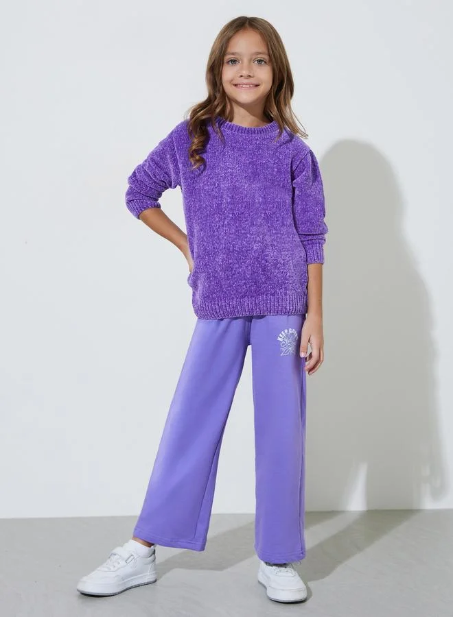 Styli Girls Purple Round Neck Chenille Knit Sweater