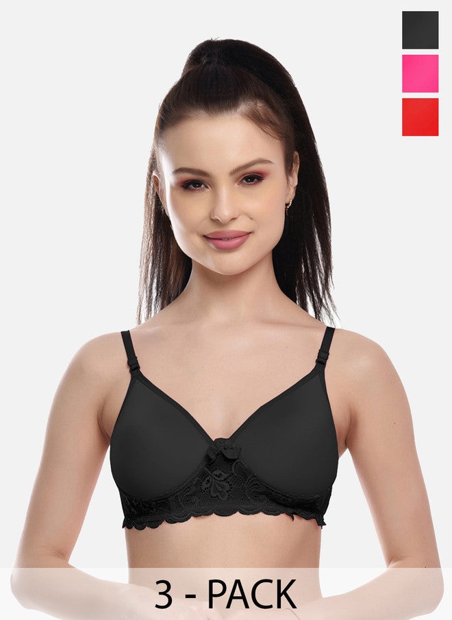 FIMS Red & Pink & Black Lace Lightly Padded Bras Pack of 3 - Image 1