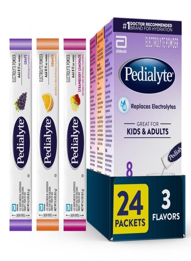 Pedialyte Electrolyte Powder | Hydration Drink for Kids & Adults | Variety Pack: Grape, Strawberry Lemonade, and Orange, 24 Powder Packets - Image 1