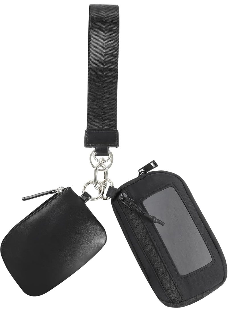 SYOSI Mini Zip Around Wristlet Keychain Wallet for Women, Dual Pouch Detachable Coin Purse, Portable Small Wallet with Zipper Pocket & ID Window for Travel Workout Running Hiking(Black) - Image 1