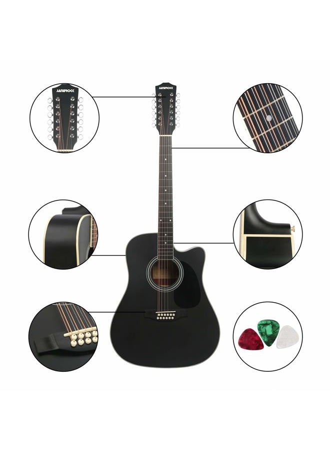 JANEROCK 12 String Acoustic Guitar Cutaway,Adjustable Truss Rod Full Size Bundle with Gig Bag,Tuner,Strings,Strap, Picks, Black - Image 3