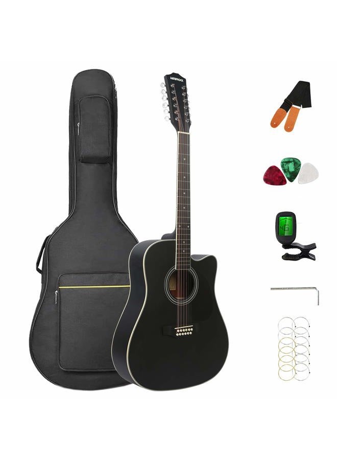 JANEROCK 12 String Acoustic Guitar Cutaway,Adjustable Truss Rod Full Size Bundle with Gig Bag,Tuner,Strings,Strap, Picks, Black - Image 1