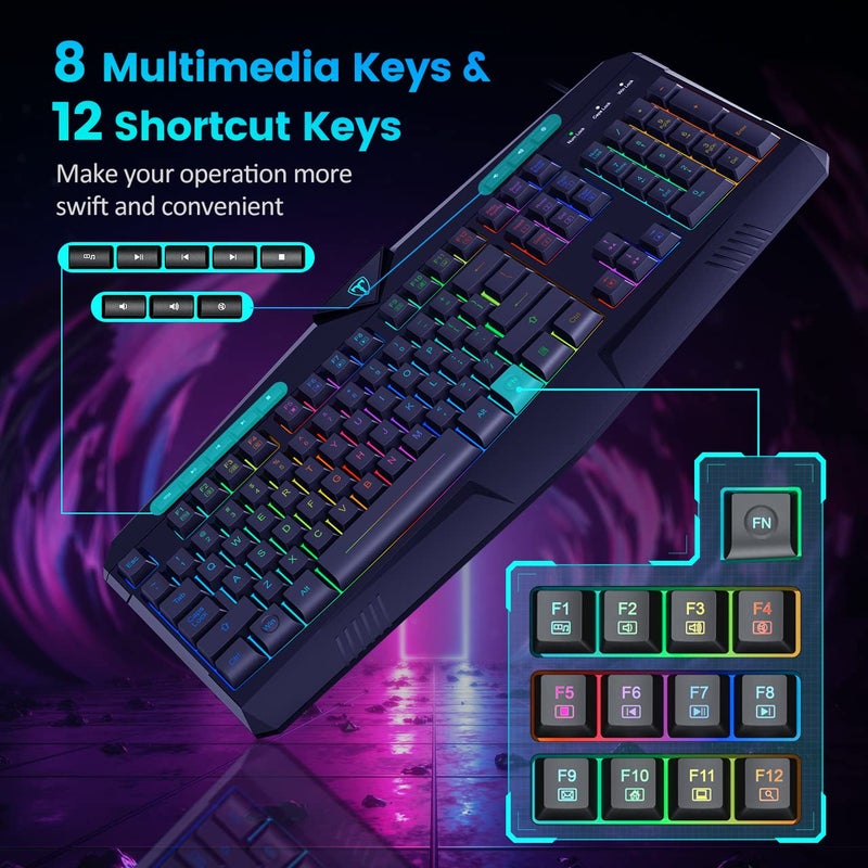 Dacoity Gaming Keyboard, Full Size RGB Backlit Quiet Computer Keyboard, Wrist Rest, Silent Keys, Multimedia Keys, Anti-ghosting, Waterproof Light Up USB Wired Keyboard for PC Mac Xbox Gamer Office - Image 4
