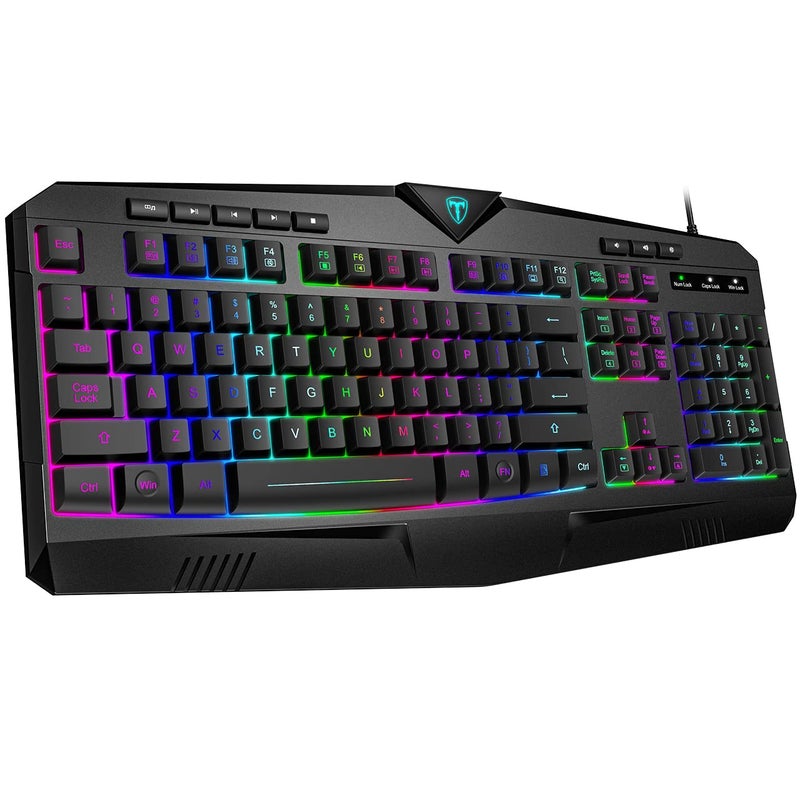 Dacoity Gaming Keyboard, Full Size RGB Backlit Quiet Computer Keyboard, Wrist Rest, Silent Keys, Multimedia Keys, Anti-ghosting, Waterproof Light Up USB Wired Keyboard for PC Mac Xbox Gamer Office - Image 1