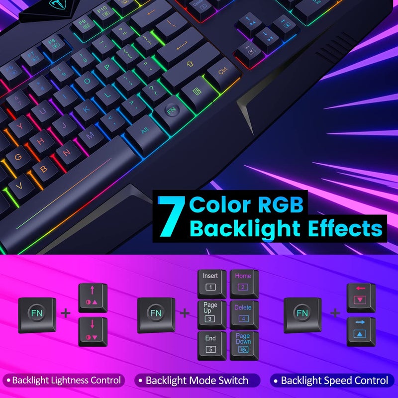 Dacoity Gaming Keyboard, Full Size RGB Backlit Quiet Computer Keyboard, Wrist Rest, Silent Keys, Multimedia Keys, Anti-ghosting, Waterproof Light Up USB Wired Keyboard for PC Mac Xbox Gamer Office - Image 2