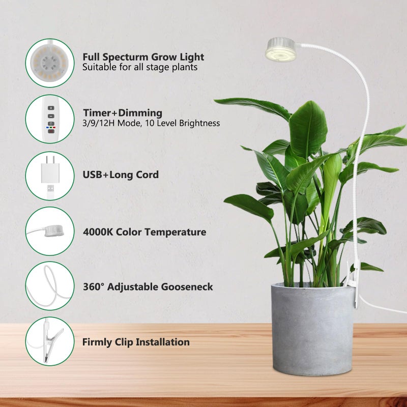 Shyineyou Grow Lights for Indoor Plants, 4000K Full Spectrum Plant Lights for Indoor Growing, 10 Brightness & 360Â° Adjustable Gooseneck & 3/9/12H Timer, Clip-on Small Grow Light for Succulents, Small Plant - Image 2