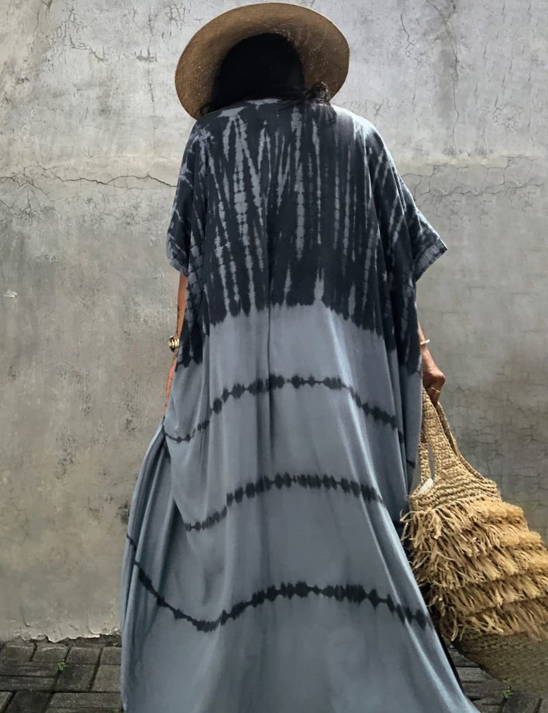 Bsubseach Stylish Tie Dye Open Front Long Kimono Swimsuit Cover Up for Women Swimwear Cover Ups Green Grey - Image 5