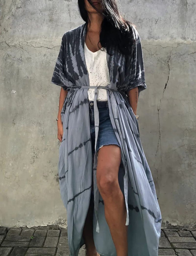 Bsubseach Stylish Tie Dye Open Front Long Kimono Swimsuit Cover Up for Women Swimwear Cover Ups Green Grey - Image 4