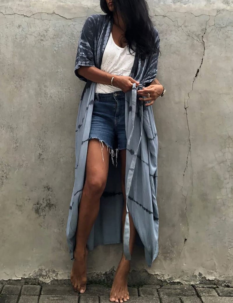 Bsubseach Stylish Tie Dye Open Front Long Kimono Swimsuit Cover Up for Women Swimwear Cover Ups Green Grey - Image 3