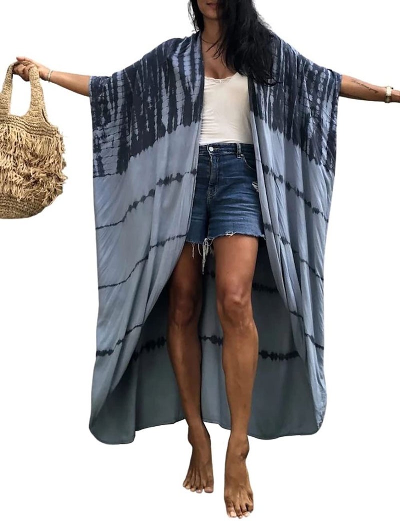 Bsubseach Stylish Tie Dye Open Front Long Kimono Swimsuit Cover Up for Women Swimwear Cover Ups Green Grey - Image 1