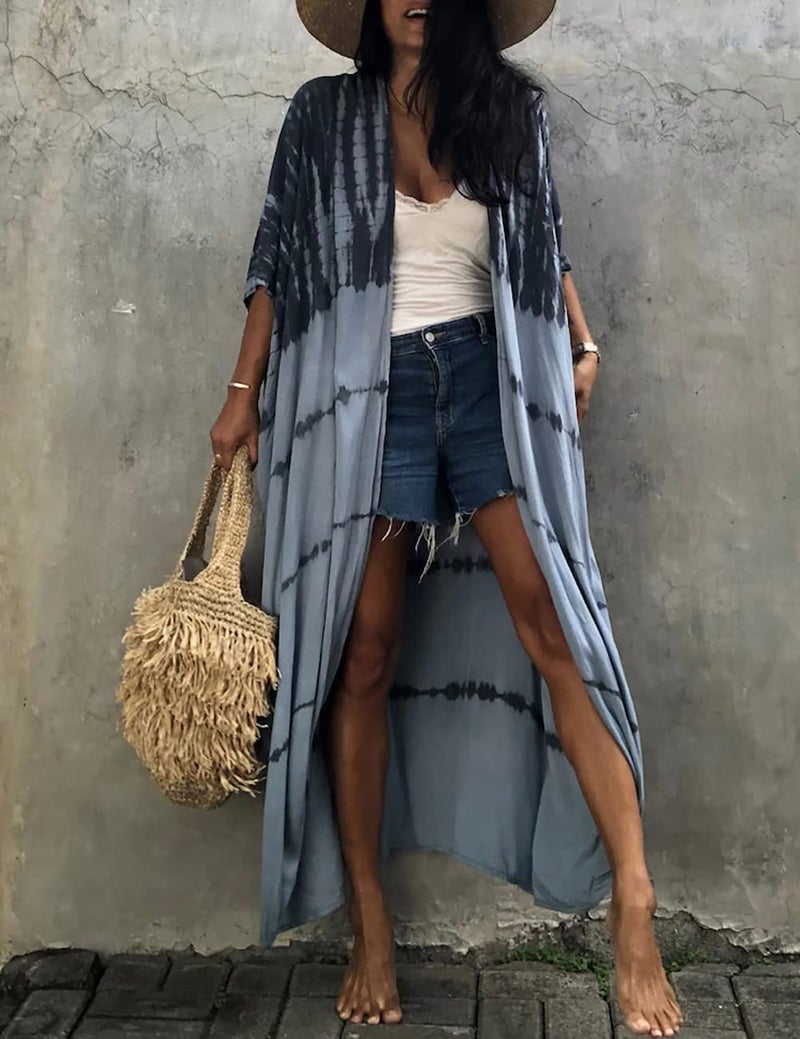 Bsubseach Stylish Tie Dye Open Front Long Kimono Swimsuit Cover Up for Women Swimwear Cover Ups Green Grey - Image 2