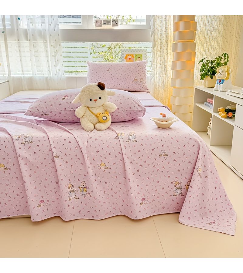 1 Piece Double Layer Gauze Bed Sheet Annie Bunny Pink Color 62.99 By 90.55 Inch Soft Skin Friendly Moisture Wicking Breathable Printed Fade Resistant Machine Washable - Image 1