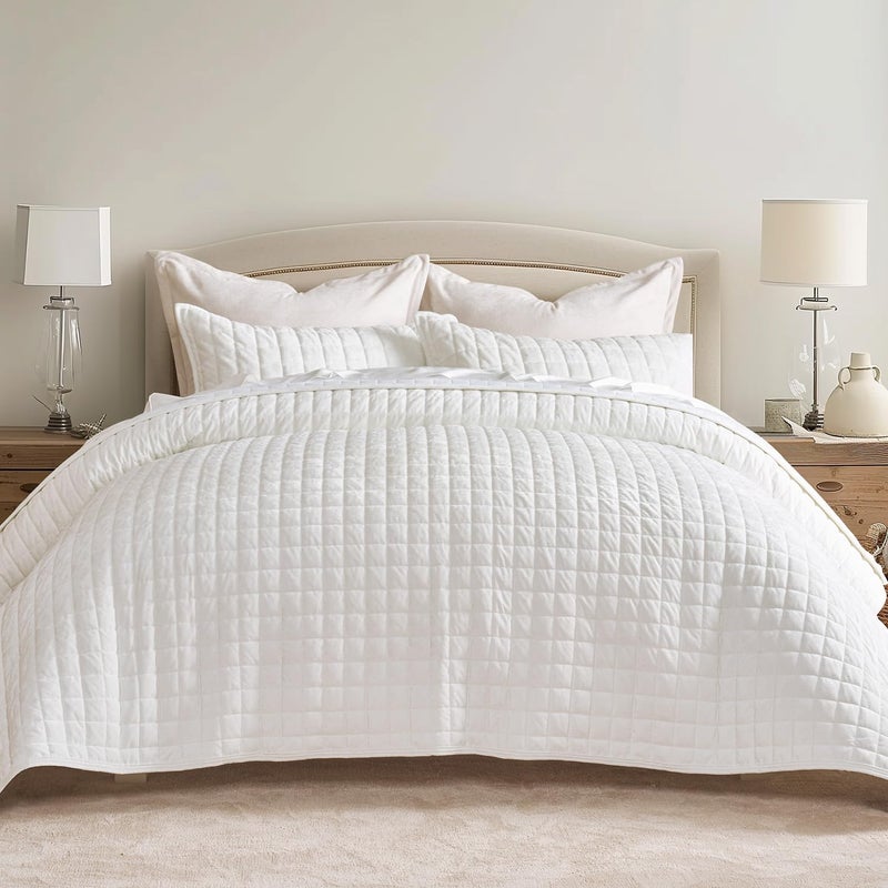 RECYCO Luxury Velvet Quilt Set, California King 118'' x 106'' Oversized Bedspread, Ultra Soft Velvet Comforter, Lightweight Box Stitch Bedding Sets for All Season, with 2 Shams, Bright White - Image 1