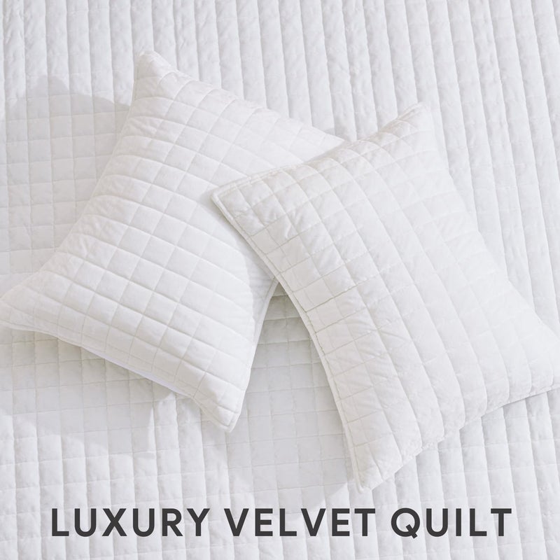 RECYCO Luxury Velvet Quilt Set, California King 118'' x 106'' Oversized Bedspread, Ultra Soft Velvet Comforter, Lightweight Box Stitch Bedding Sets for All Season, with 2 Shams, Bright White - Image 4