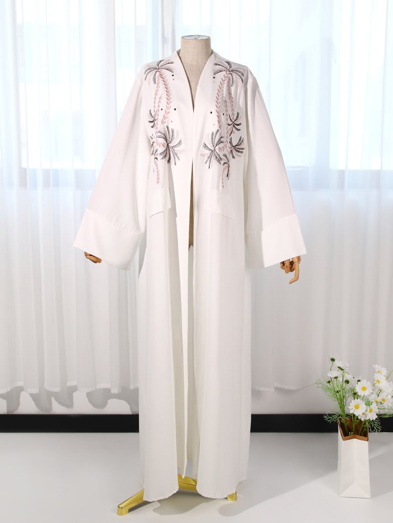 LN172 White Palm Embroidery Long Cardigan - Elegant Women's Outerwear for Commute & Dates