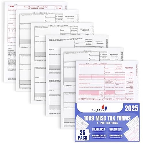 Dutymark 1099 MISC Forms 2025, 4 Part Laser Tax Forms Kit for 25 Individuals - Designed for QuickBooks and Accounting Software 1099 Misc 2025 - Image 1