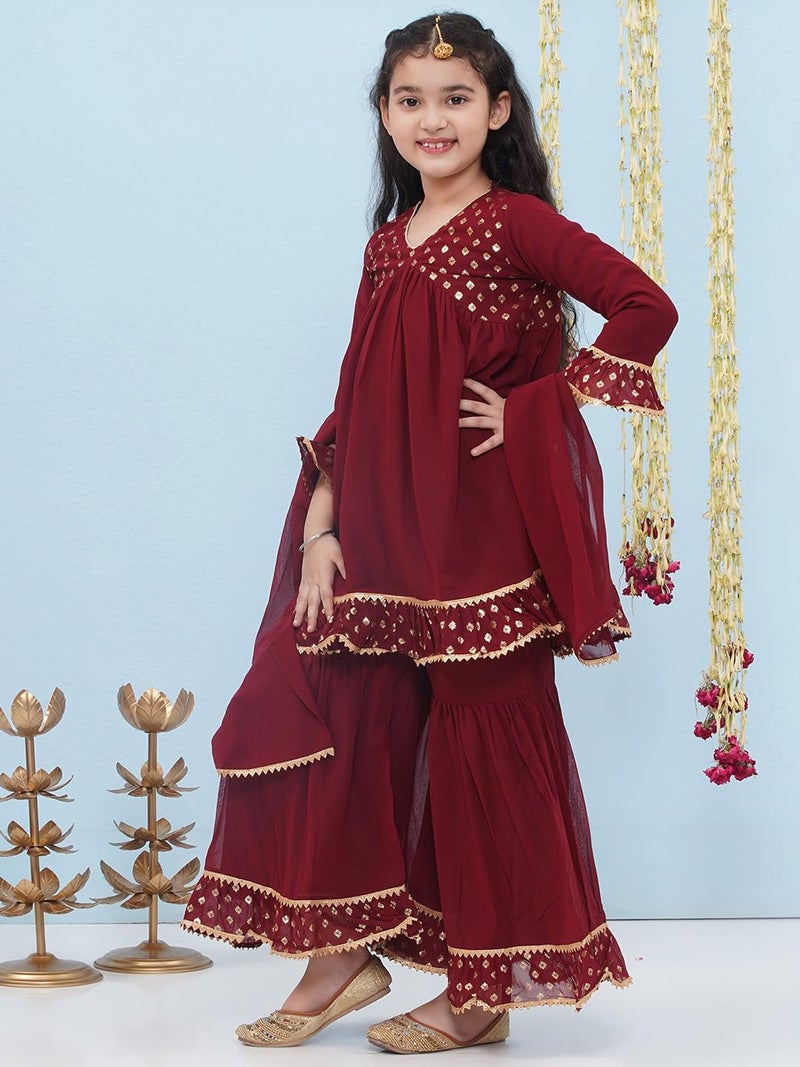 AJ DEZINES Kids Maroon Georgette Printed Anarkali Kurta Sharara Set for Girls (Maroon, 12-13 Years) - Image 4