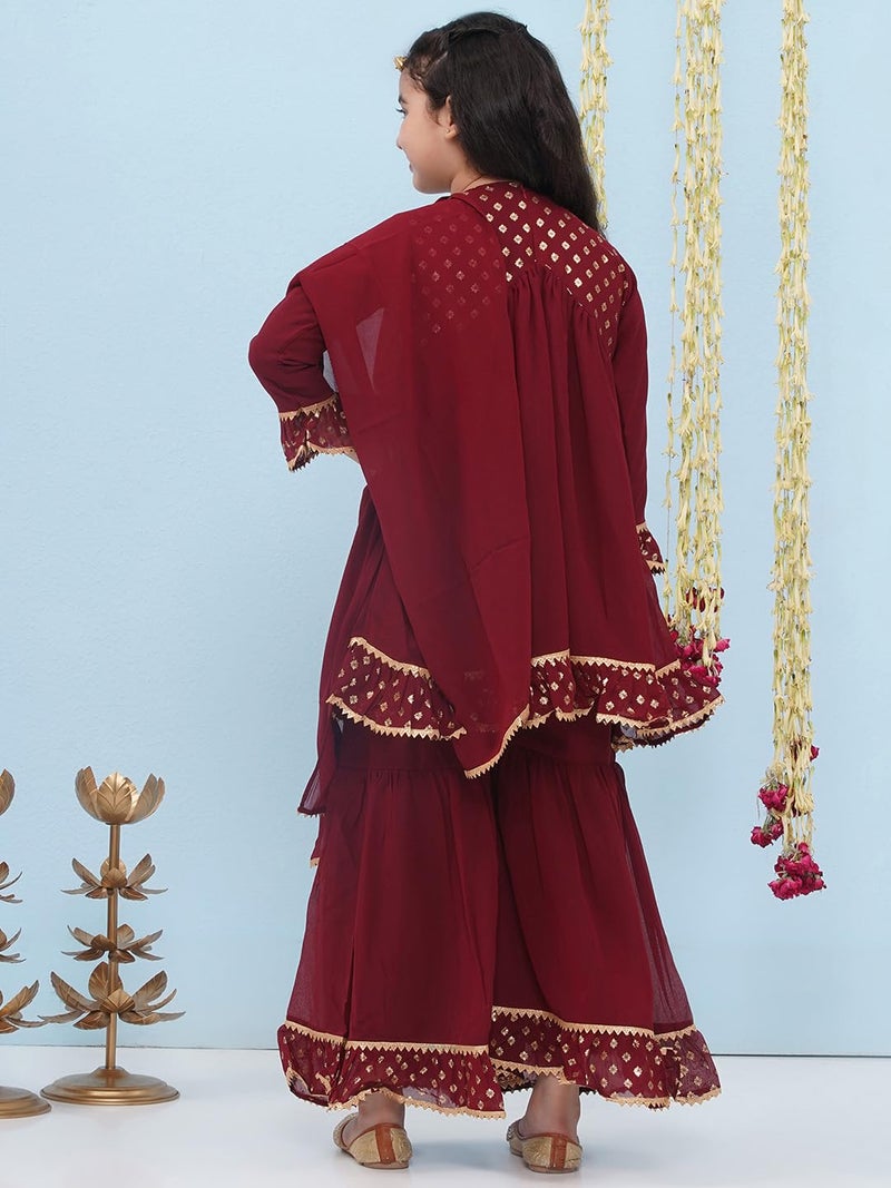 AJ DEZINES Kids Maroon Georgette Printed Anarkali Kurta Sharara Set for Girls (Maroon, 12-13 Years) - Image 2