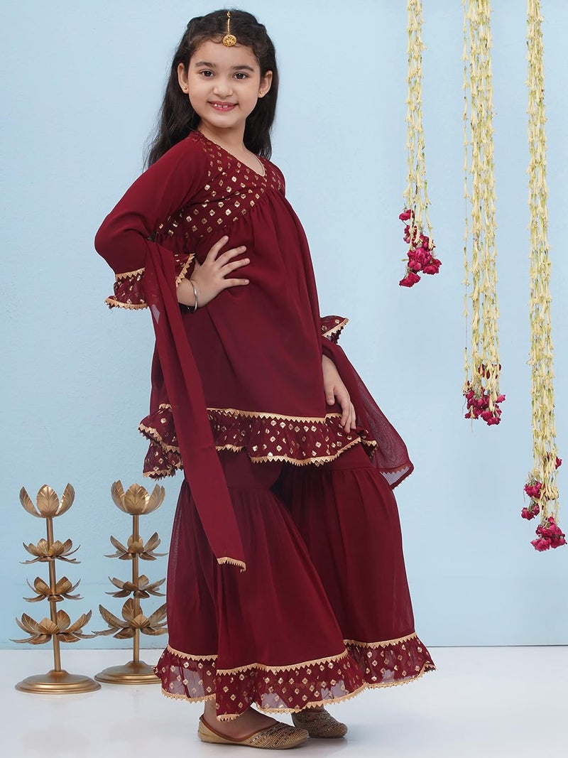 AJ DEZINES Kids Maroon Georgette Printed Anarkali Kurta Sharara Set for Girls (Maroon, 12-13 Years) - Image 5