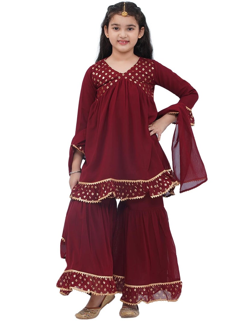 AJ DEZINES Kids Maroon Georgette Printed Anarkali Kurta Sharara Set for Girls (Maroon, 12-13 Years) - Image 1