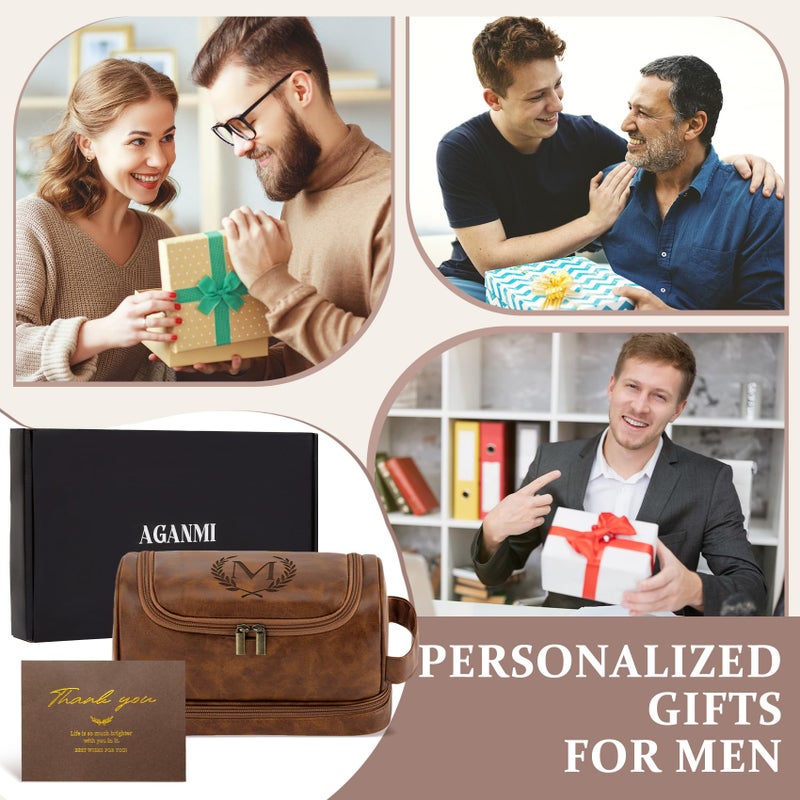 Aganmi Personalized Gifts Travel Toiletry Bag for Men Him, Laser-Engraved Initial PU Leather Waterproof Shaving Bag Christmas Birthday Gift for Men Dad Husband Boyfriend Groomsmen, Light Brown M - Image 2