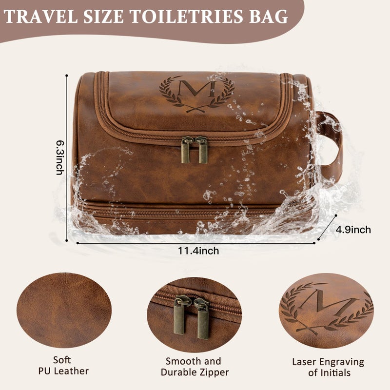 Aganmi Personalized Gifts Travel Toiletry Bag for Men Him, Laser-Engraved Initial PU Leather Waterproof Shaving Bag Christmas Birthday Gift for Men Dad Husband Boyfriend Groomsmen, Light Brown M - Image 3