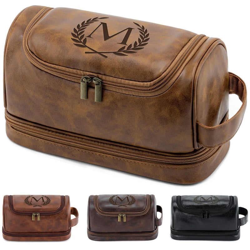 Aganmi Personalized Gifts Travel Toiletry Bag for Men Him, Laser-Engraved Initial PU Leather Waterproof Shaving Bag Christmas Birthday Gift for Men Dad Husband Boyfriend Groomsmen, Light Brown M - Image 1