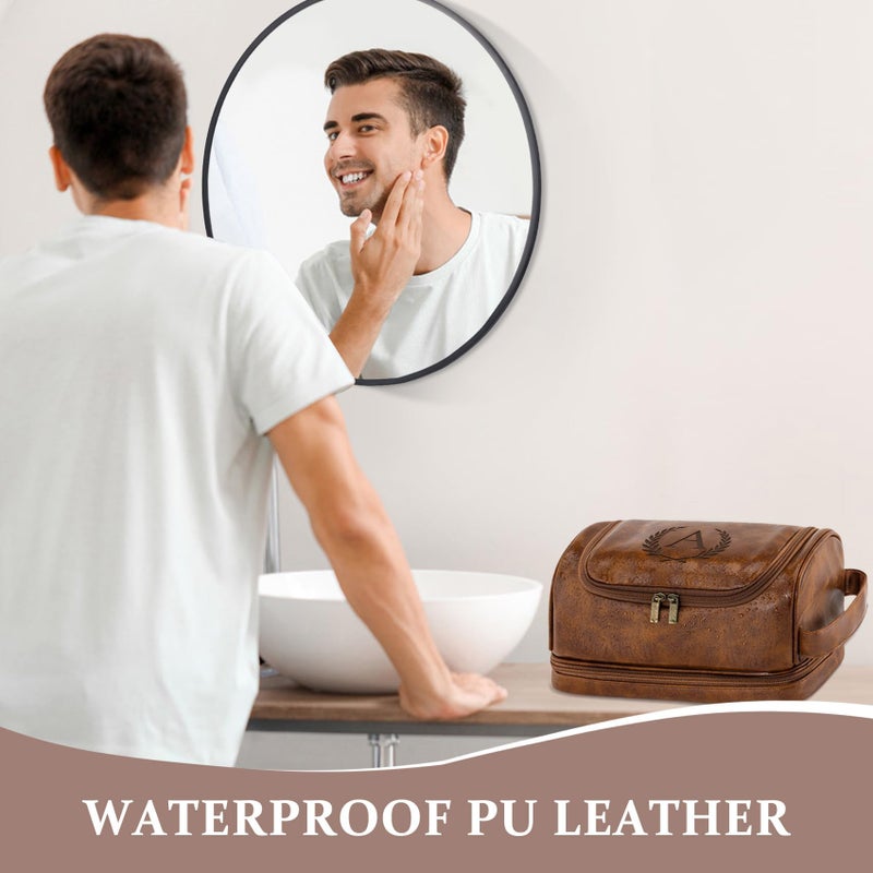 Aganmi Personalized Gifts Travel Toiletry Bag for Men Him, Laser-Engraved Initial PU Leather Waterproof Shaving Bag Christmas Birthday Gift for Men Dad Husband Boyfriend Groomsmen, Light Brown M - Image 4