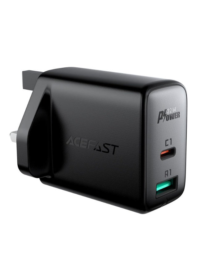 ACEFAST Fast Wall Charger A8 PD32W, Dual Port Charger 1 USB-C & 1 USB-A, UK plug, Smart Output, support for PD3.0 / for PPS / for QC4+ / for QC3.0 - Black - Image 1