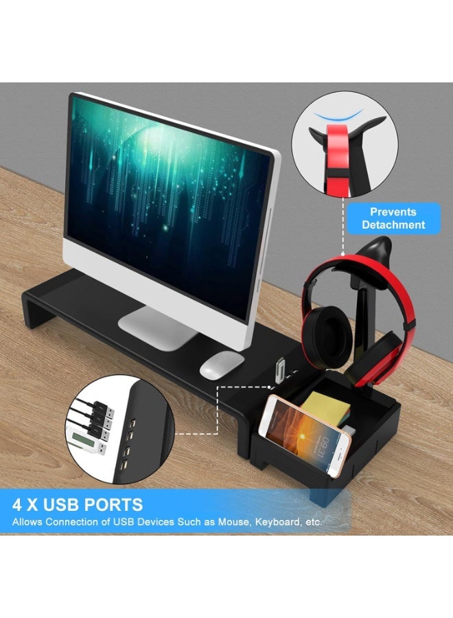 XICEN Monitor Stand Riser with 2.0 USB HUB, 4 USB Ports, Monitor Riser for Desk with Storage, Width Adjustable Monitor Stands with Headphone Holder, Desk Organizer for PC, Laptop, Printer, TV - Image 2