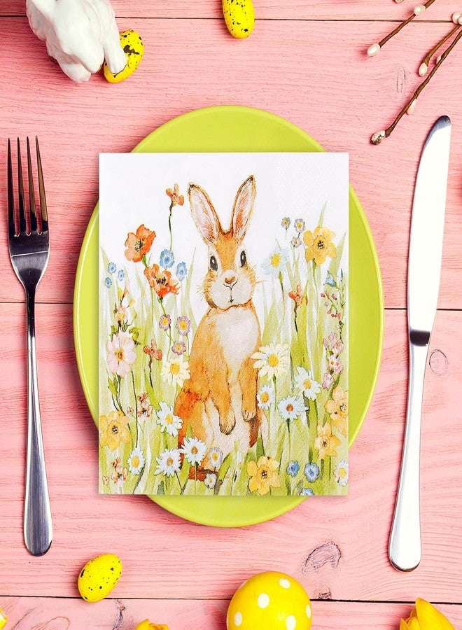 Quera 50 Pcs Easter Paper Napkins Watercolor Bunny Beverage Napkins Floral Rabbit Luncheon Napkins for Spring Bathroom Powder Room Wedding Birthday Dinner Party,6.5''*6.5'' - Image 4