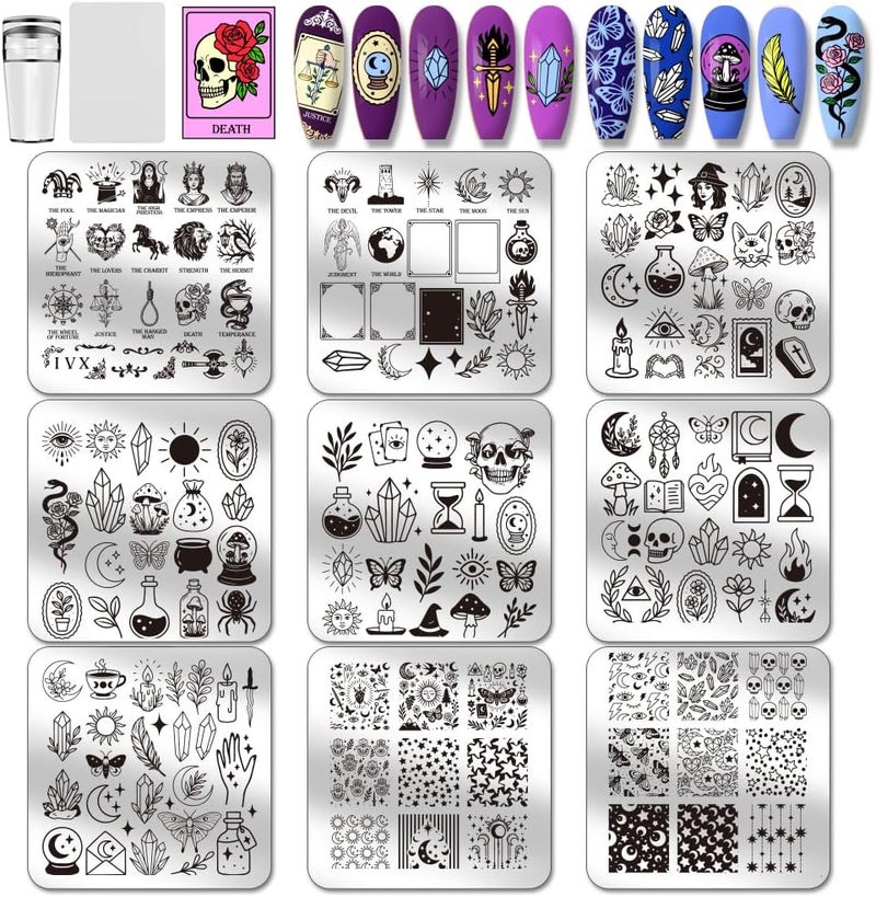 PH PandaHall 9pcs Magic Elements Nail Stamping Plates Tarot Cards Nail Art Designs Moon Star Manicure Art Templates Crystal Ball Nails Design Stencil for Women Halloween Manicures Salon Printing