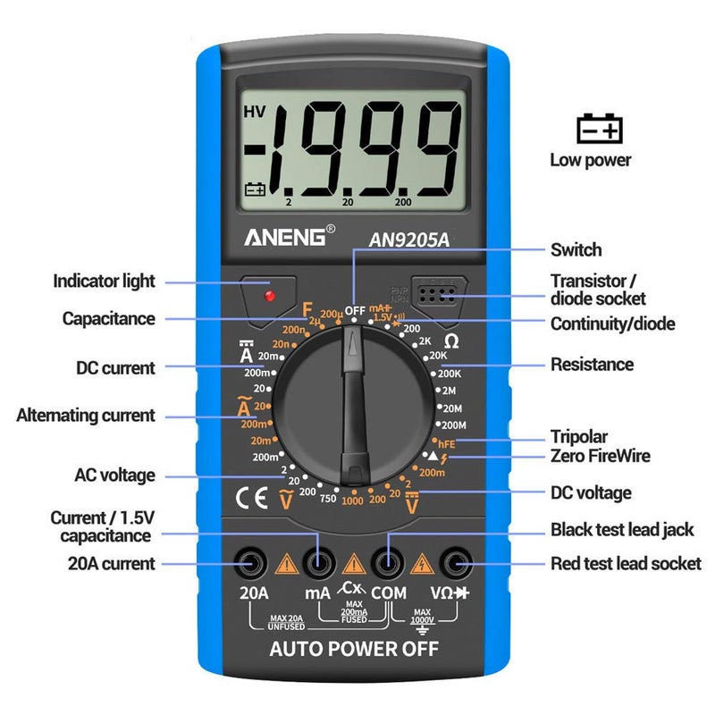 Eacam AN9205A Digital Multimeter 3 1/2 LCD Display 1999 Count Manual Range Universal Meter AC DC Resistance Capacitance Transistor Tester Multifunctional Ammeter with Backlight Red - Image 3