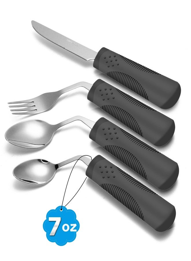 BaseSmall Adaptive Utensils (4-Piece Set) Weighted 7 oz - 42° Angled Utensils for Parkinson's Patients, Hand Tremors, Arthritis & Elderly - Eating Utensils for Elderly (Black: Right Handed) - Image 1